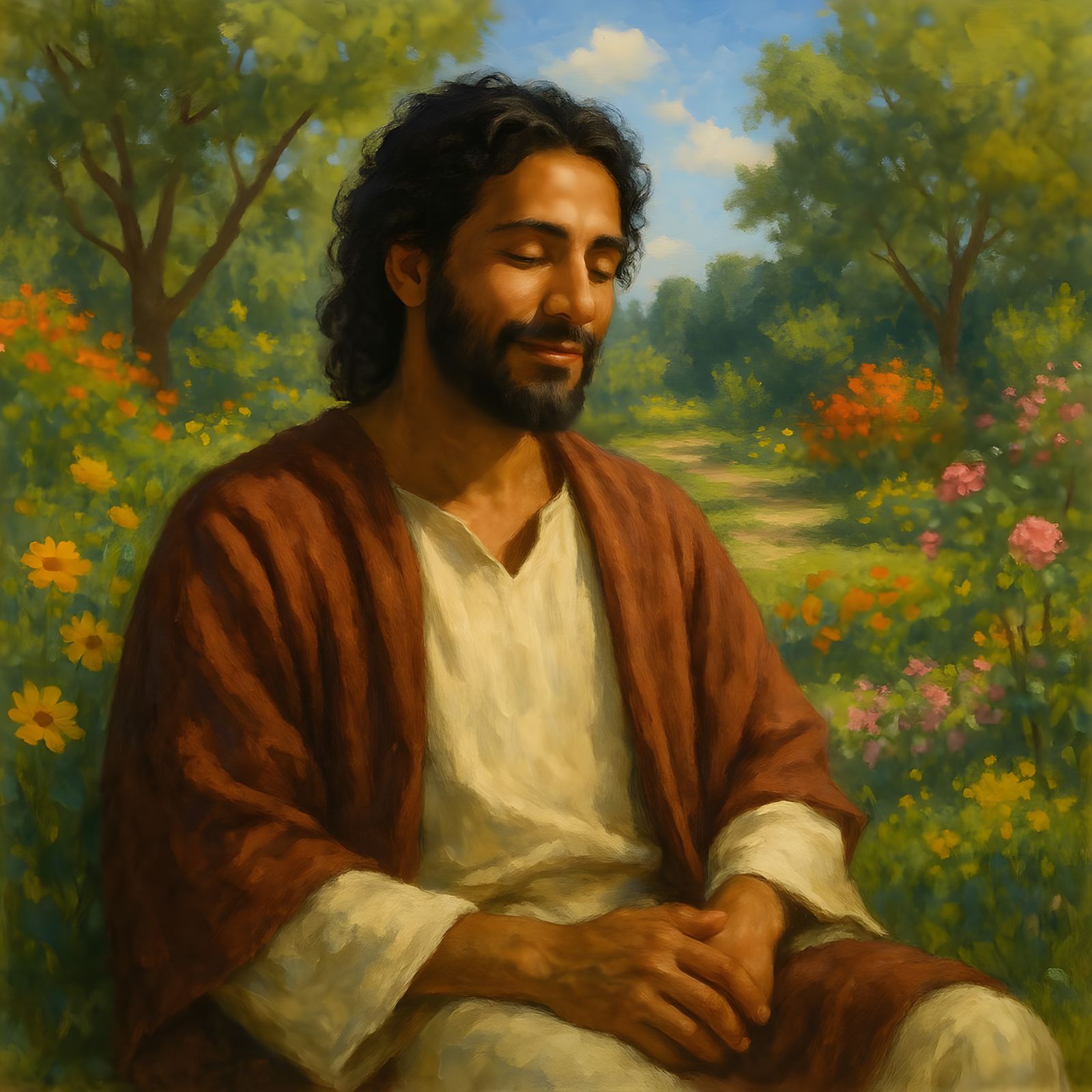 Peaceful Jesus Relaxing in a Sunny Garden