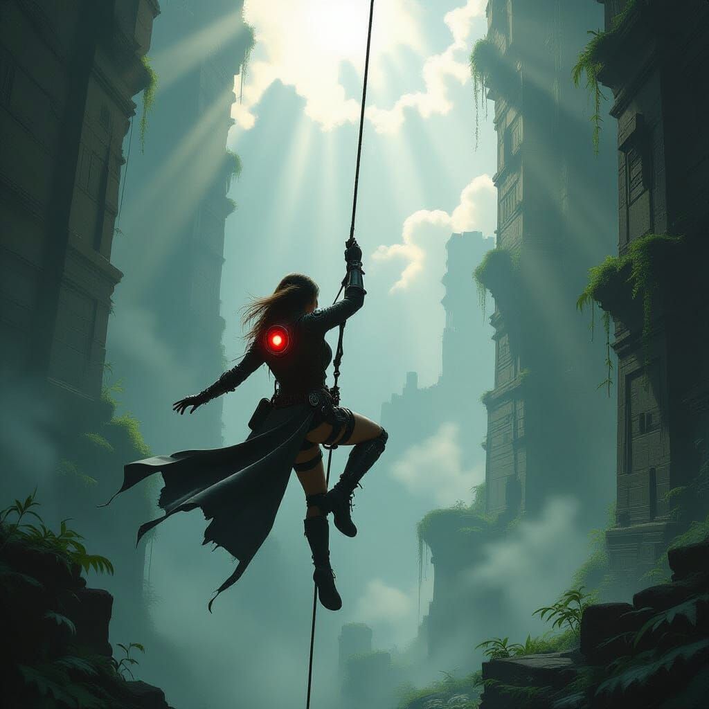 Explorer Descends Ancient Ruin in Overgrown Metropolis