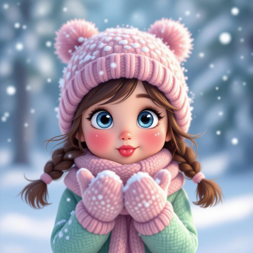 Joyful Girl in Snow, Catching Flakes in Whimsical Style