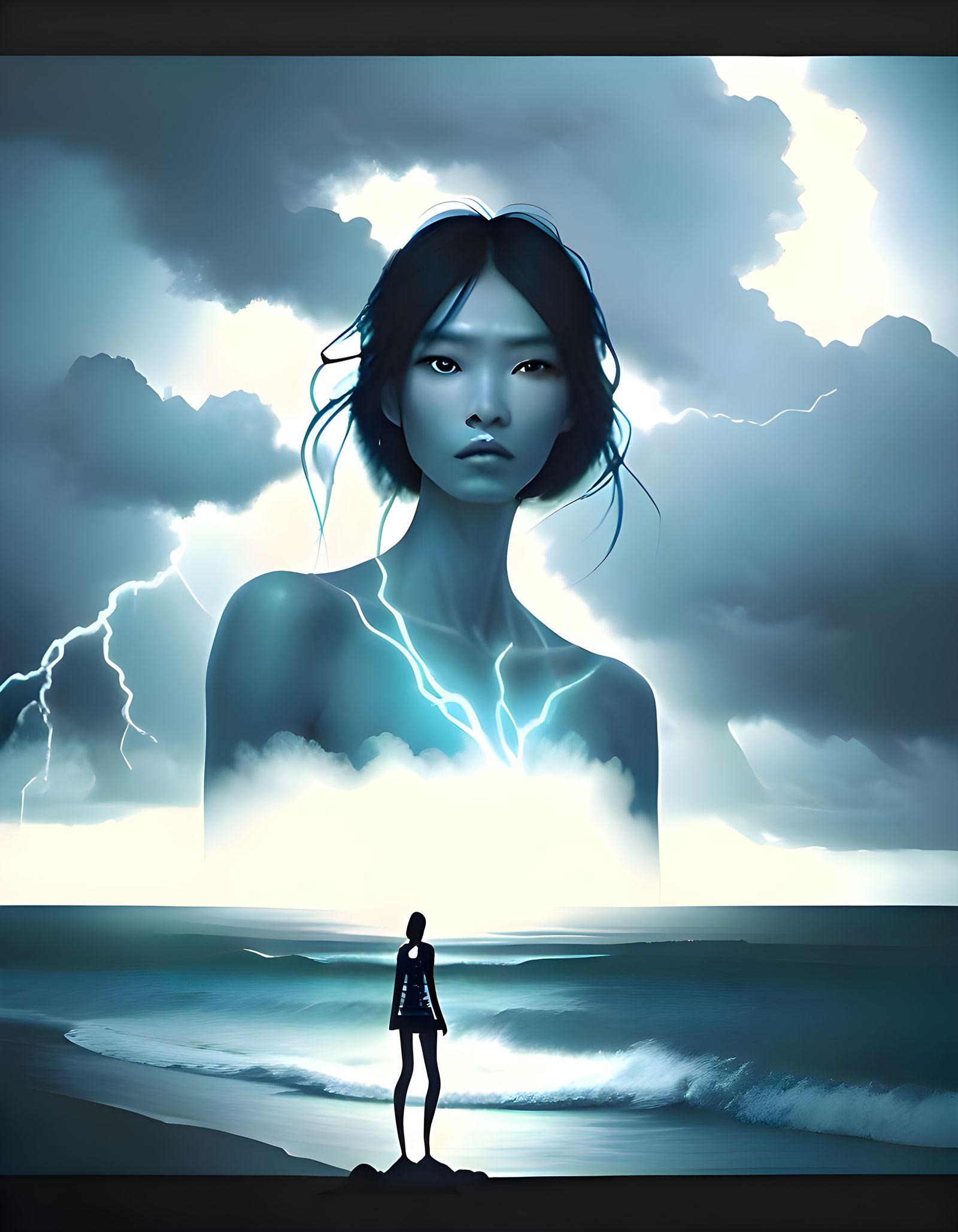 Surreal Pastel Blue Korean Girl Levitating in Storm