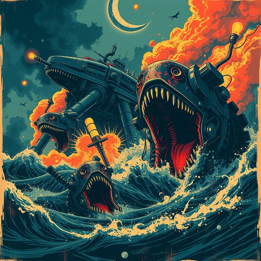 Menacing Mechanical Sea Monsters in Cassette Futurism Style