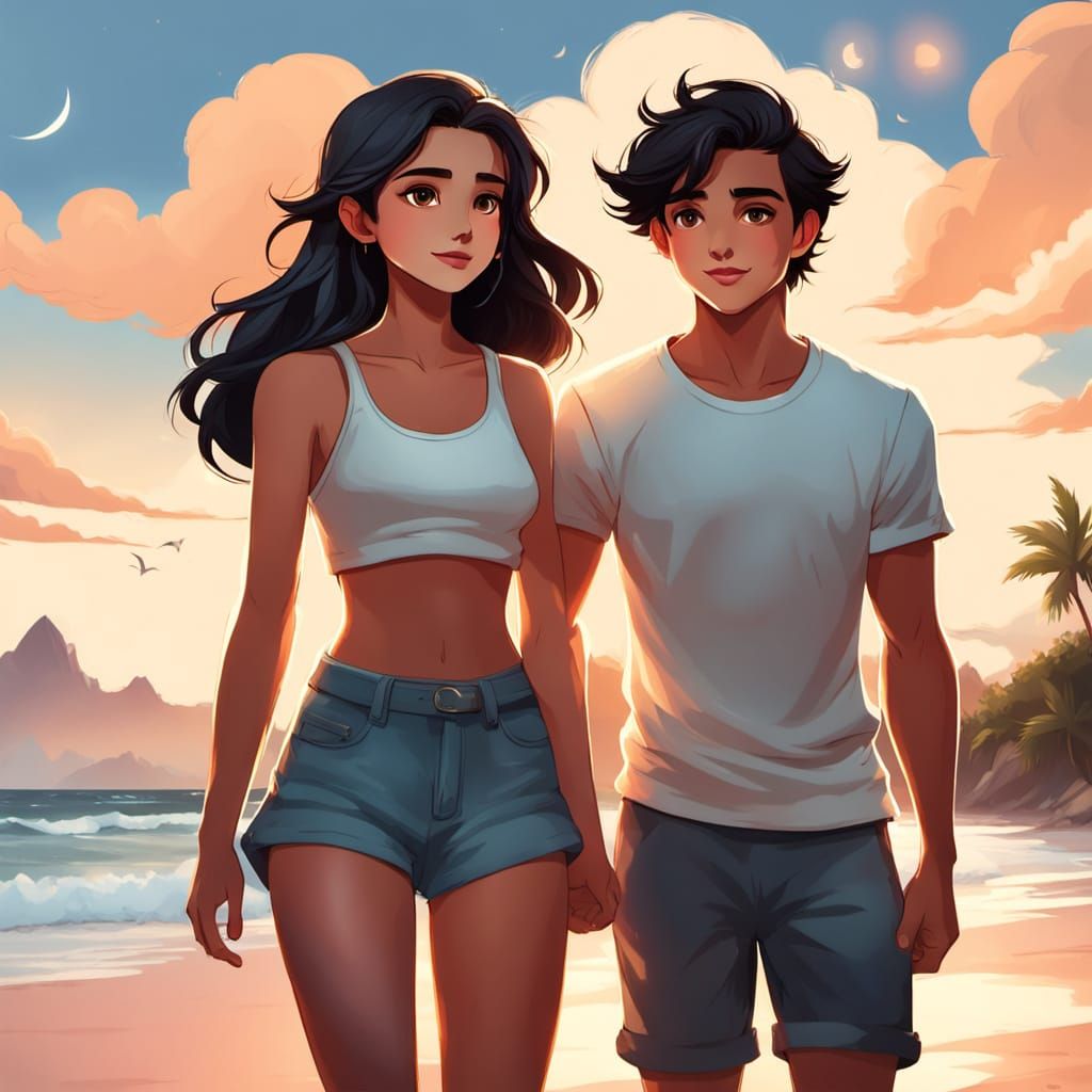 Dreamy Moonlit Beach Embrace in Whimsical Impressionist Styl...