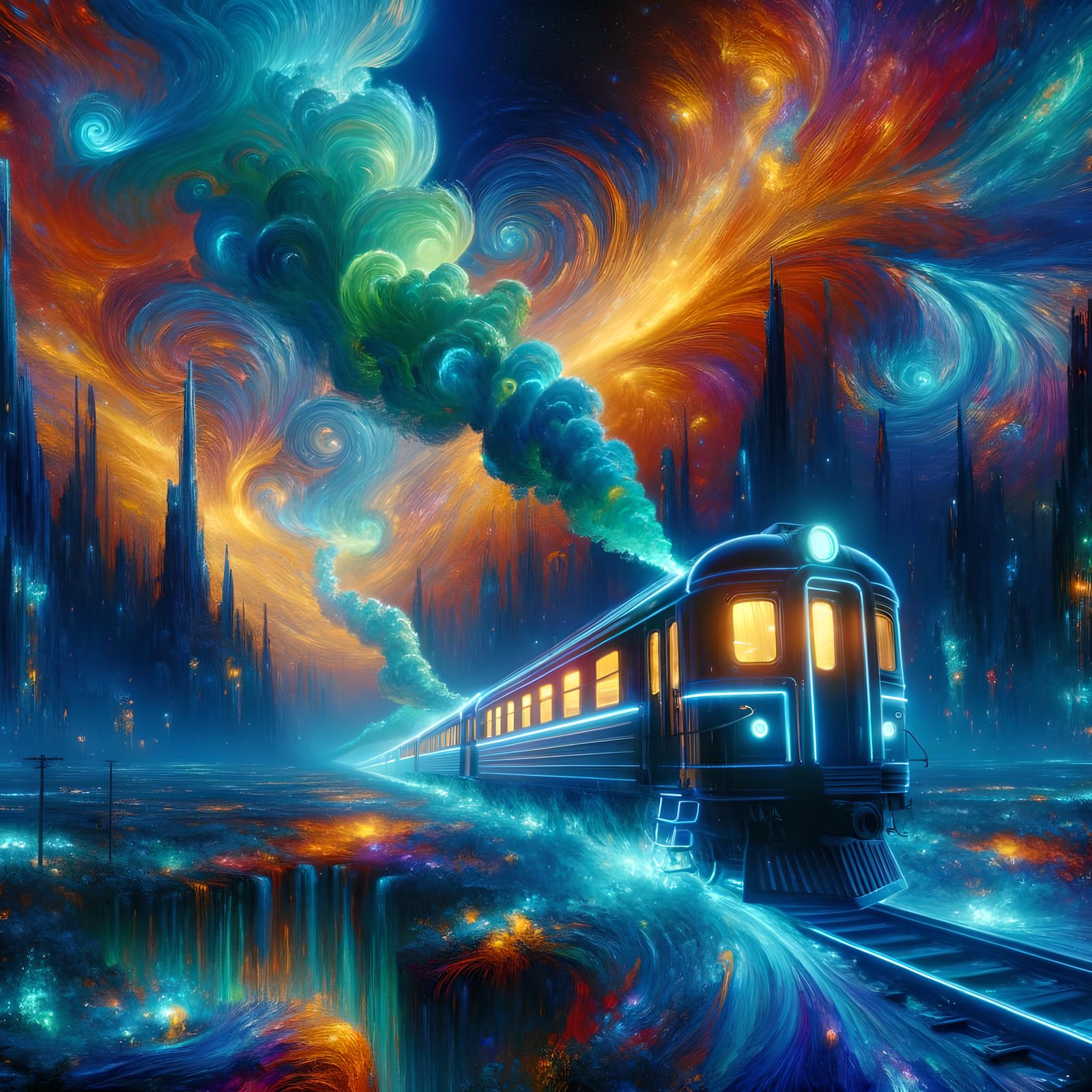 Bioluminescent Train Gleaming in Celestial Landscape