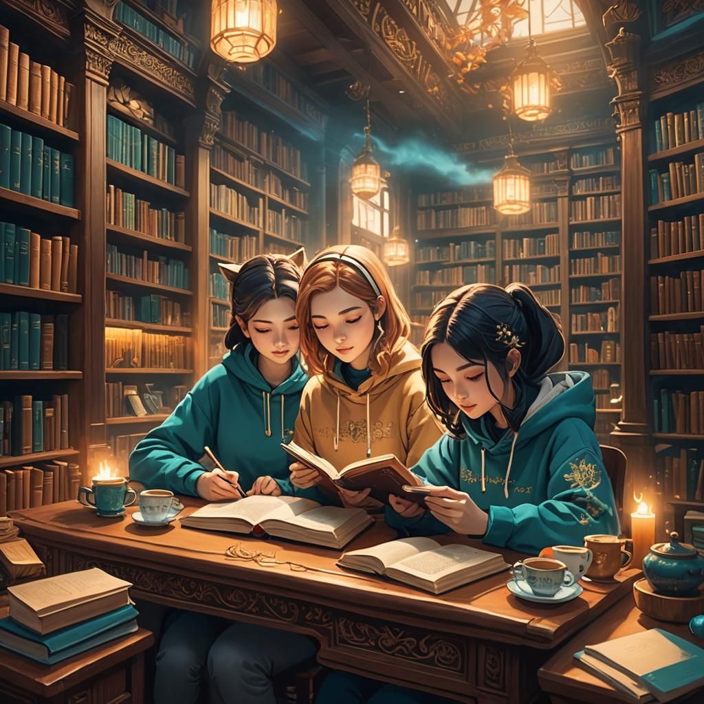 Lofi Girls Reading in Autumn Library, Fantasy Art