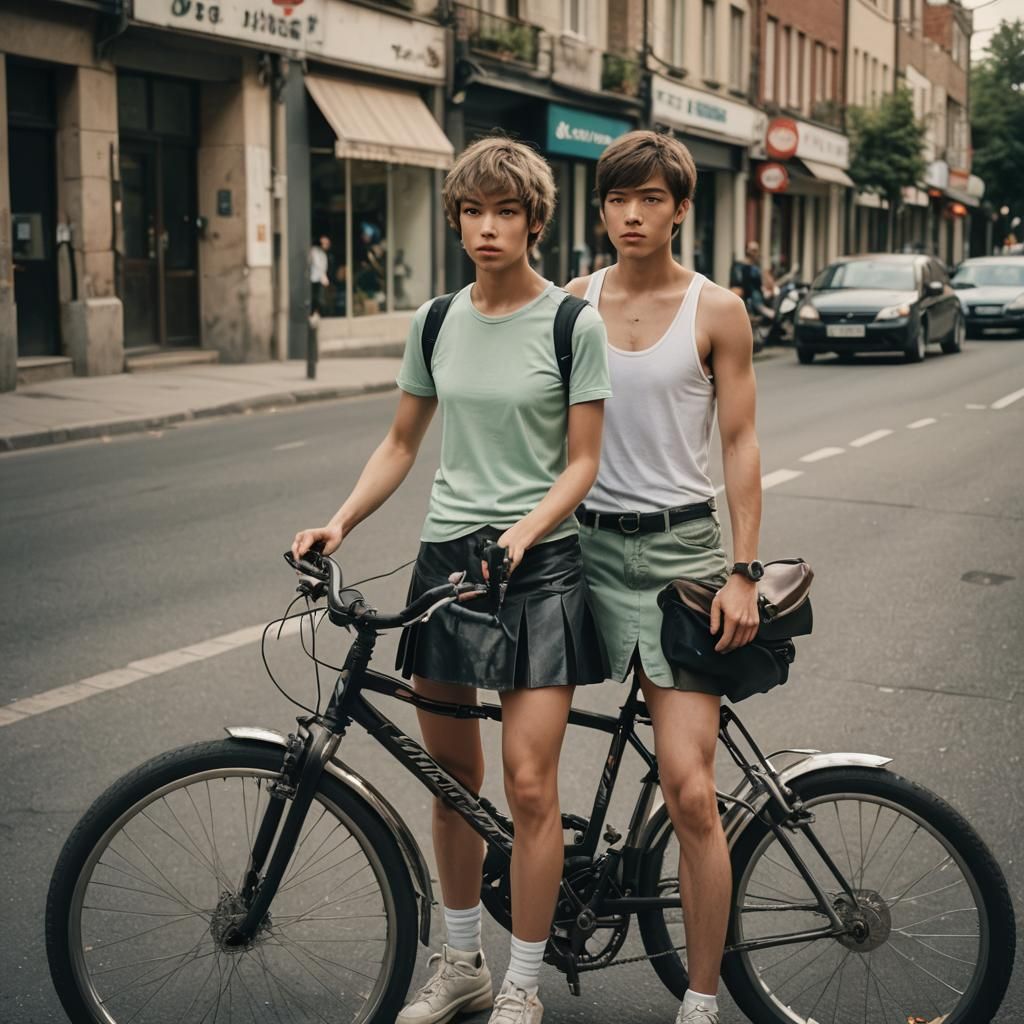 Crossdressed Teen with Bike: Cinematic Film Still