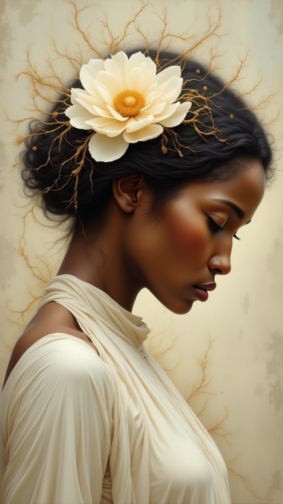 Elegant Woman with Peony in Hair, Soft Painterly Portrait