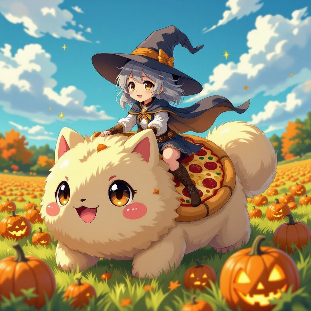 Anime Wizard Rides Pizza Monster in Pumpkin Field