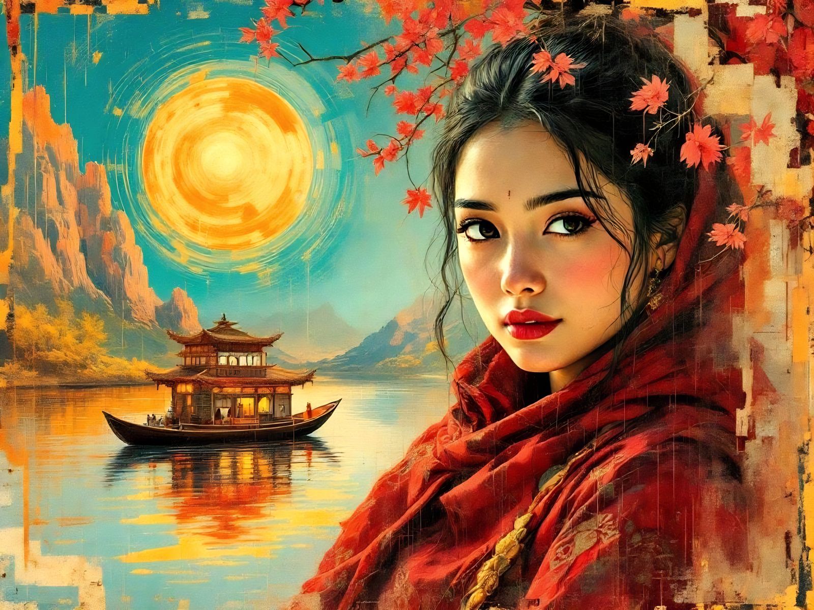 Emotional Tibetan Woman in Cubist, Van Gogh Style