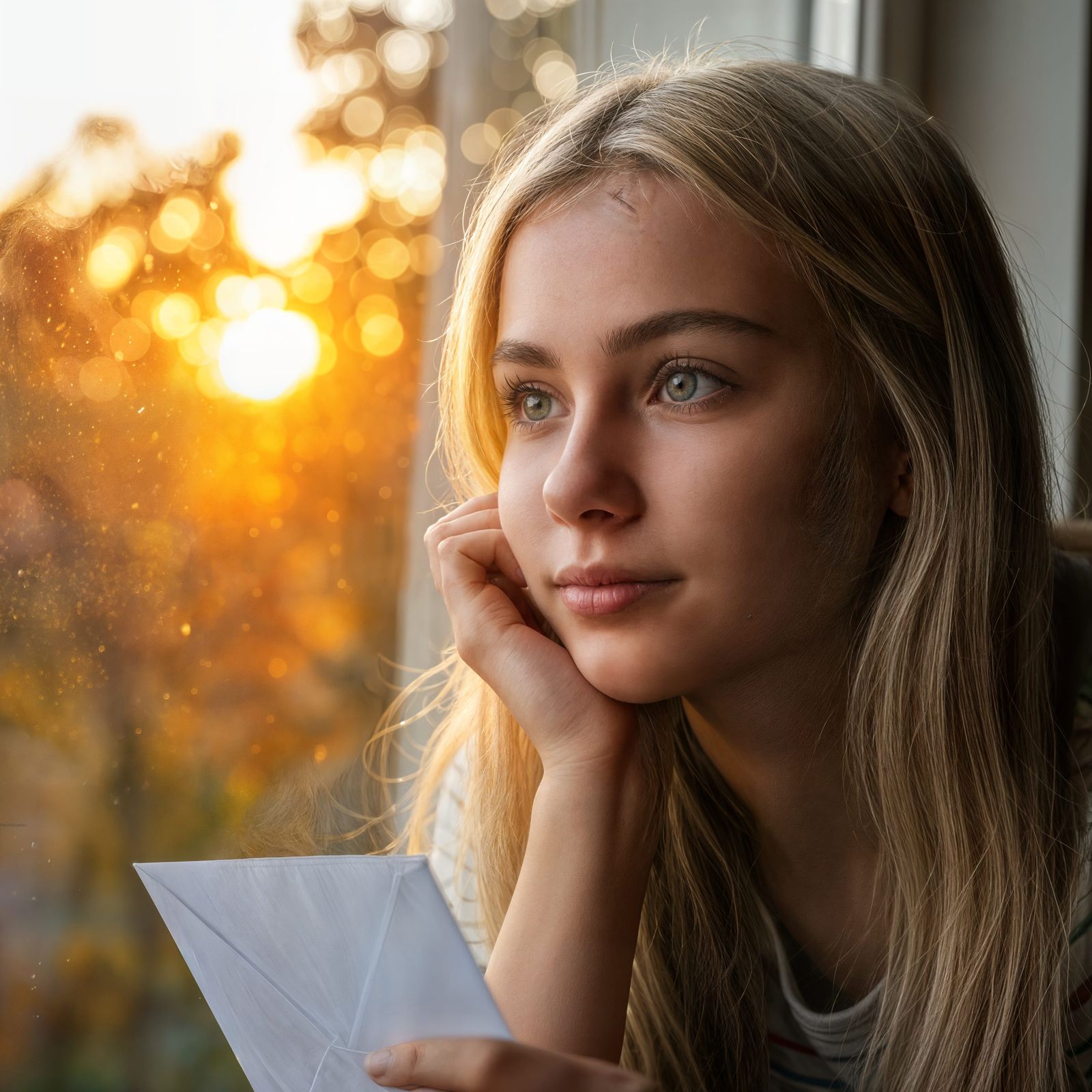 Dreamy Girl Gazes at Sunset with Letter, Photorealistic Port...