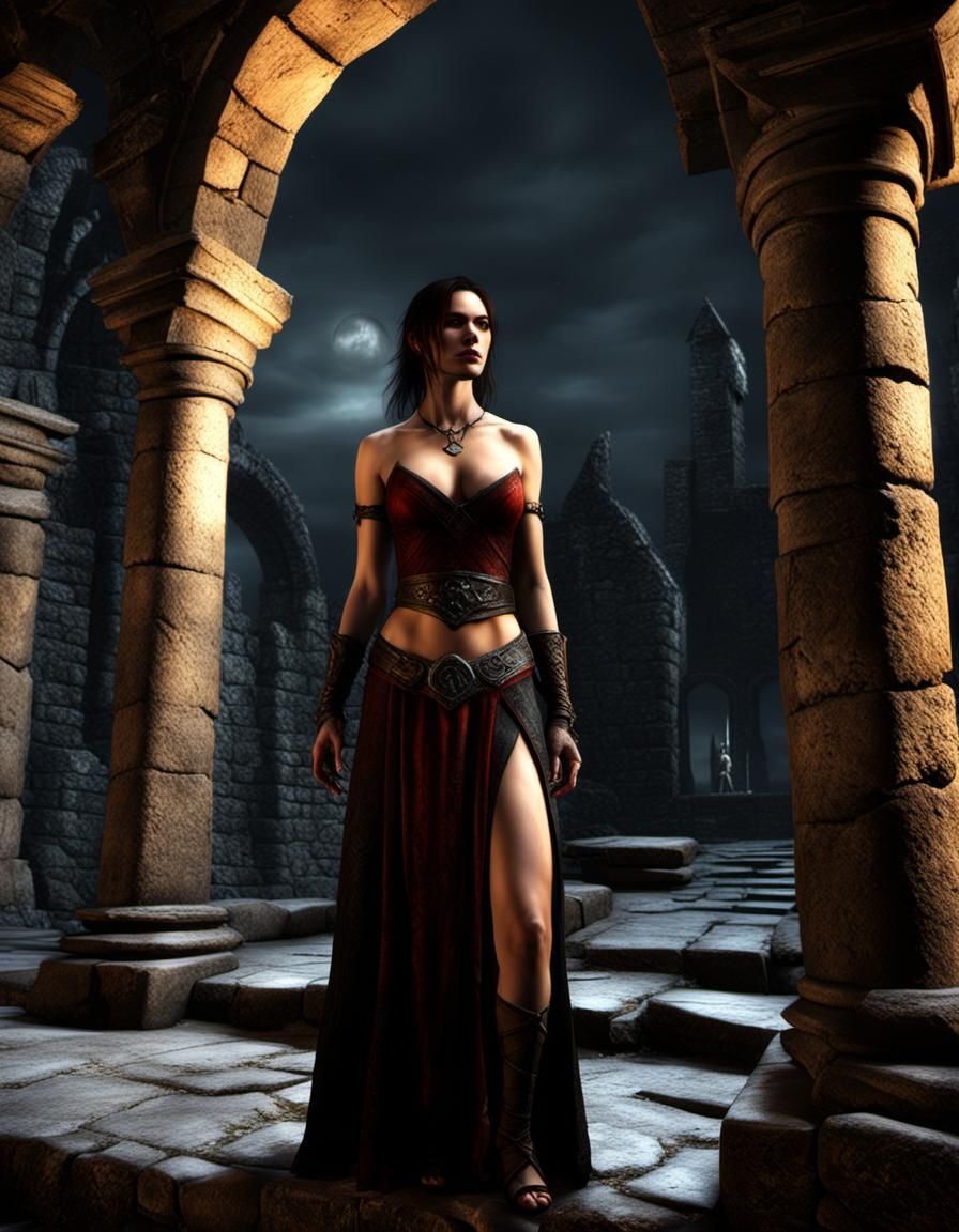 Skyrim Vampire in Medieval Ruins at Night