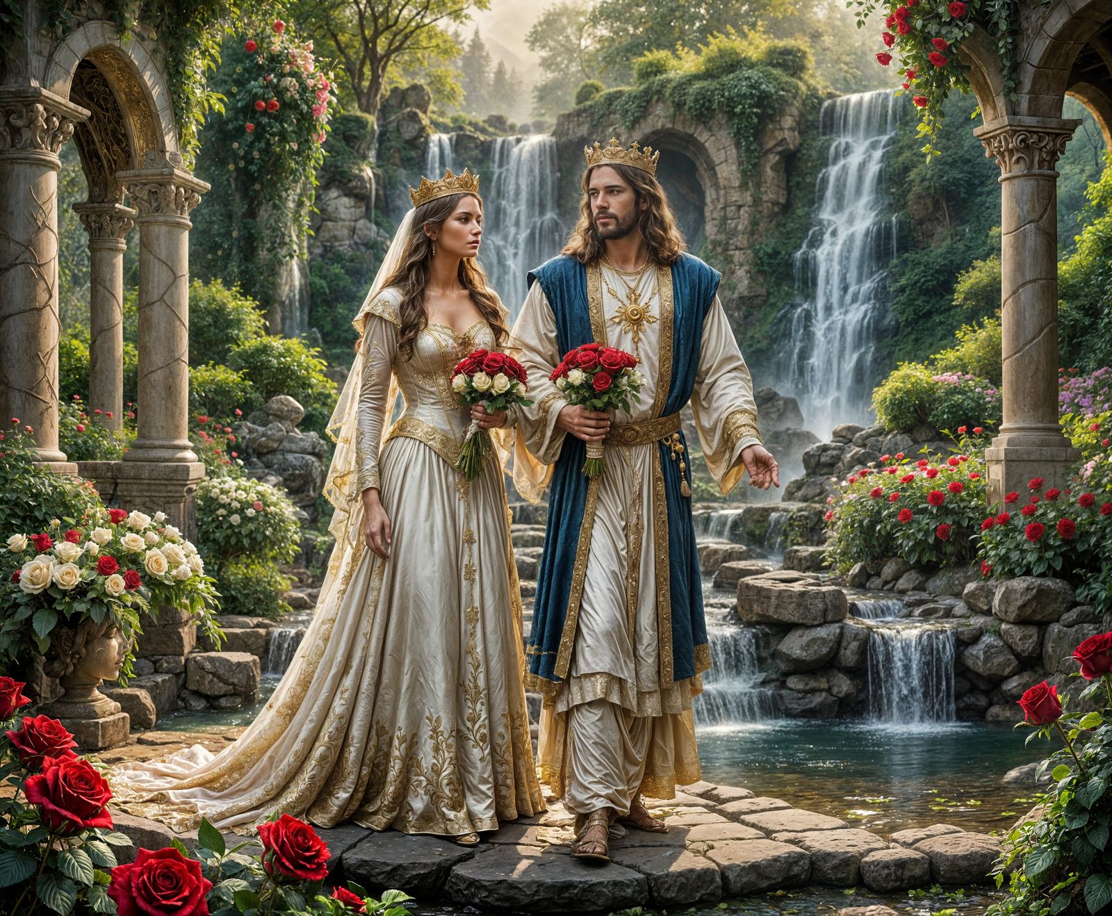 King Jesus Offers Roses to Bride in Ethereal Garden