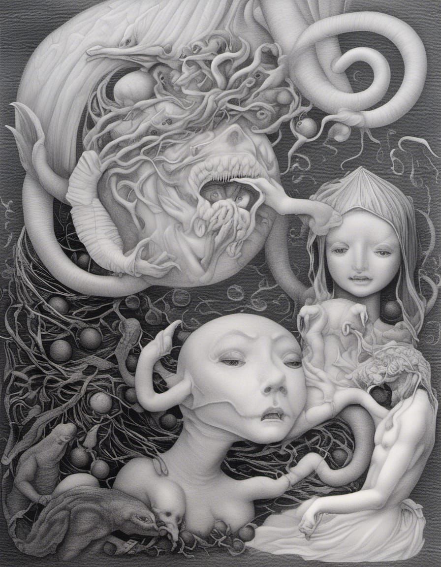 Surreal Pencil Drawing with Veil and Screaming Man