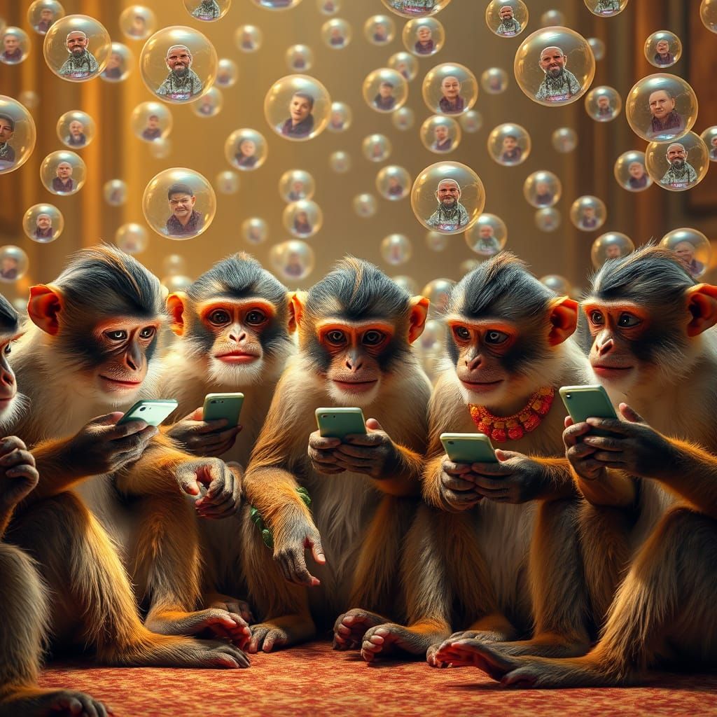 Monkeys Mesmerized by AI Images in Dreamlike Scene
