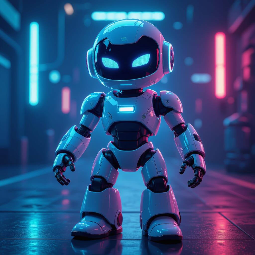 Astro Bot Inspired Android with Robotic Hands in Sci-Fi Neon...