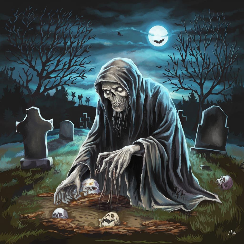 Graveyard Creature Hunts Lost Souls: Dark Fairytale Art