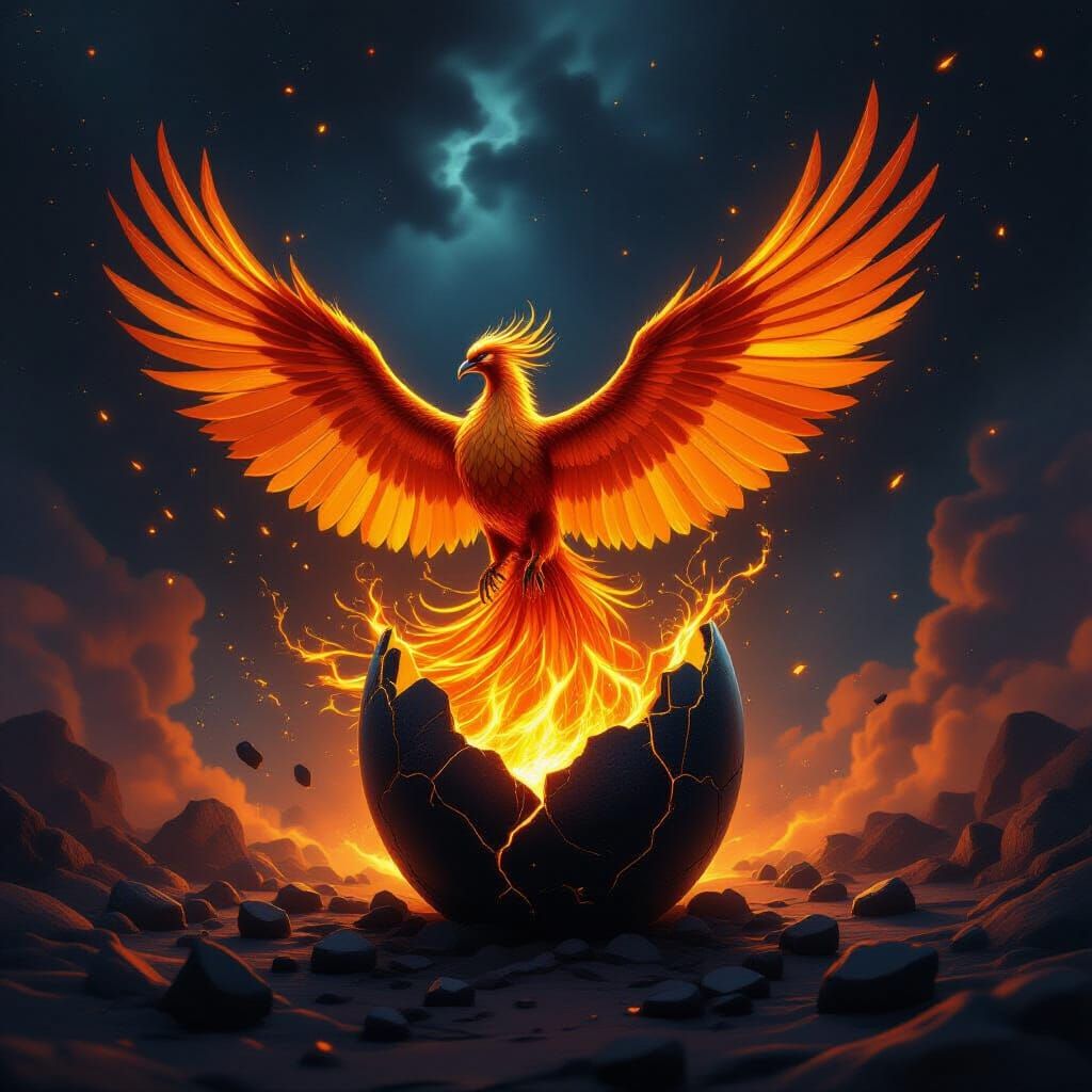 Phoenix Rises From Obsidian Egg Amidst Nebulae