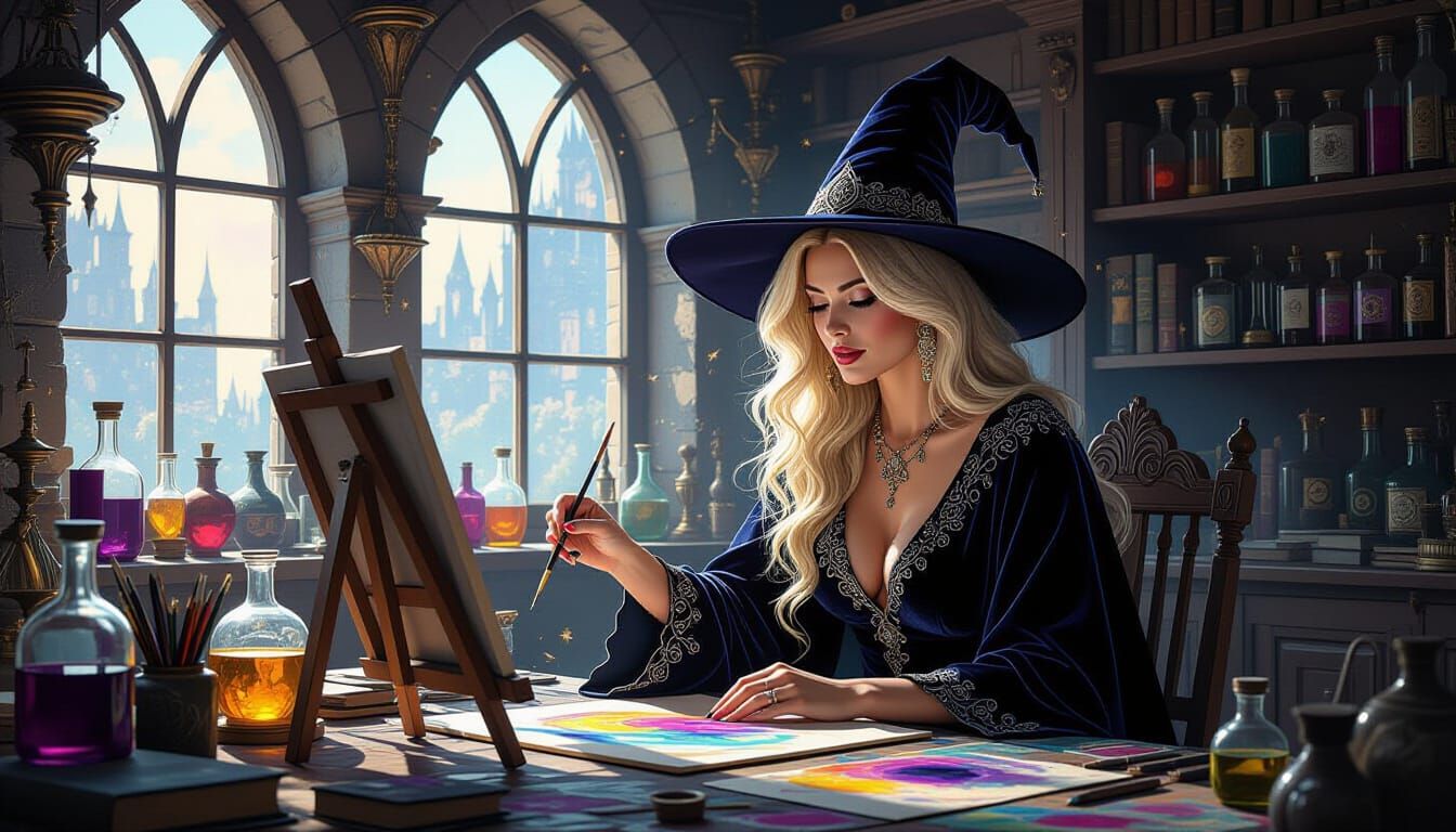Blonde Witch Painting in Magical Studio