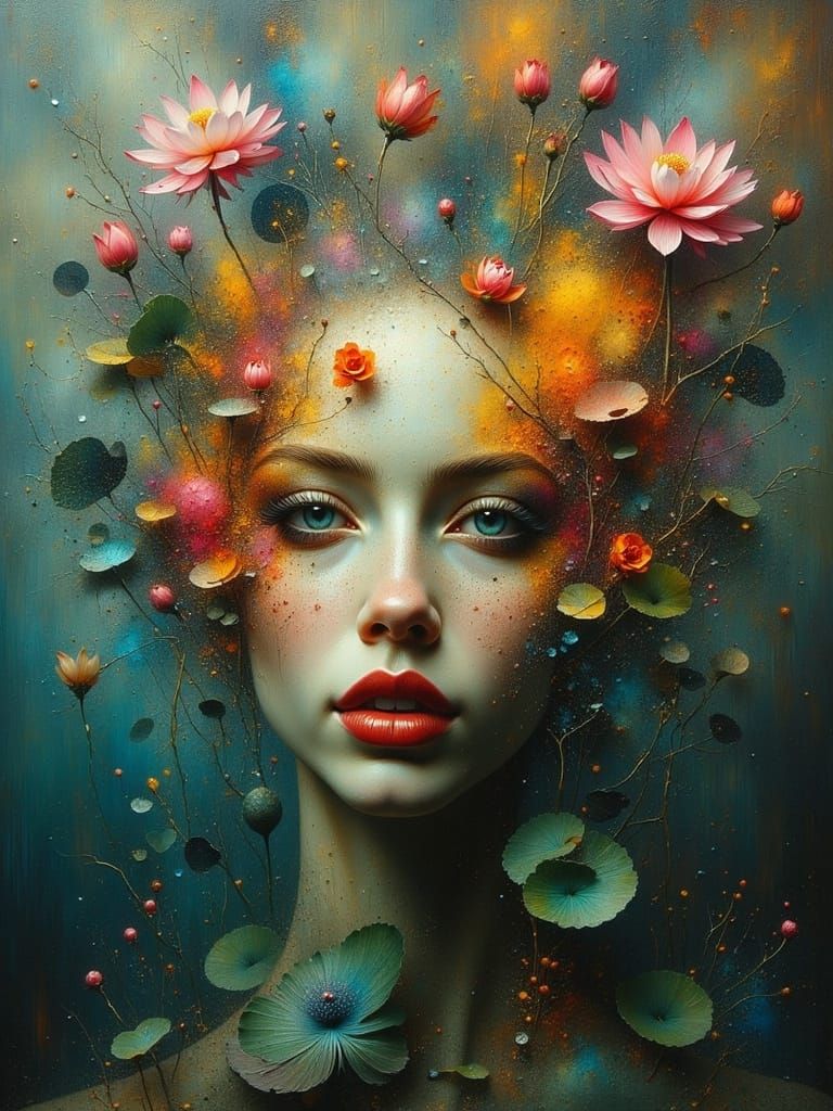 Lotus Woman: Surreal Dark Oil Painting Portrait