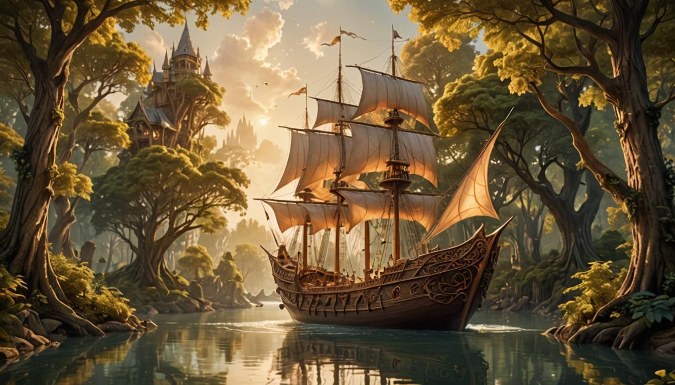 Elegant Elven Ship on Winding River: Digital Art