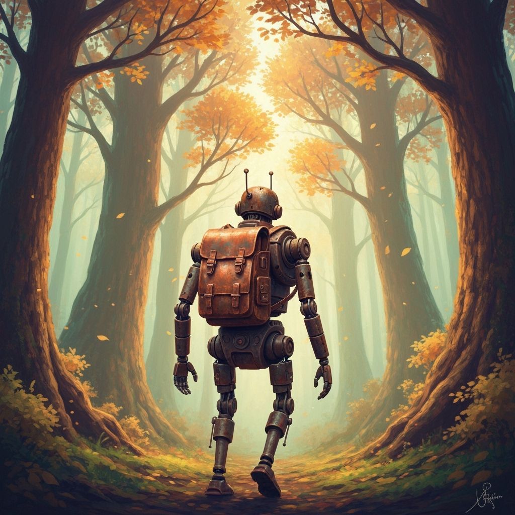 Rusty Robot Explores Mystical Forest in Dreamlike Style