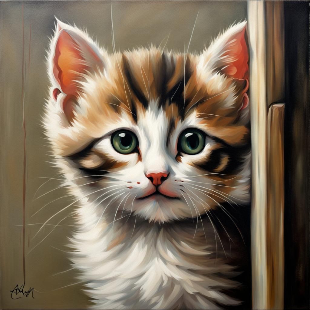 Realistic Kitten Oil Painting in Trompe-l'Oeil Style
