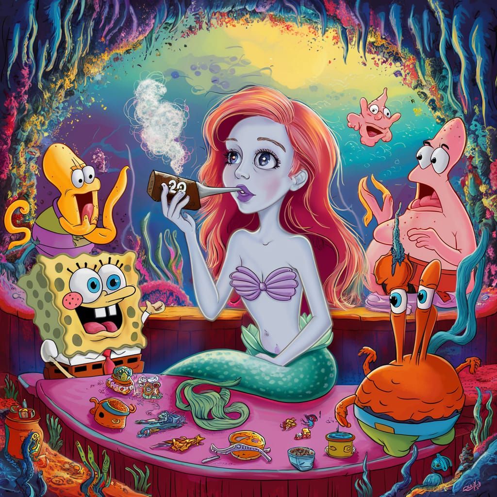 Little Mermaid's Krusty Krab Party: Surreal Underwater Scene