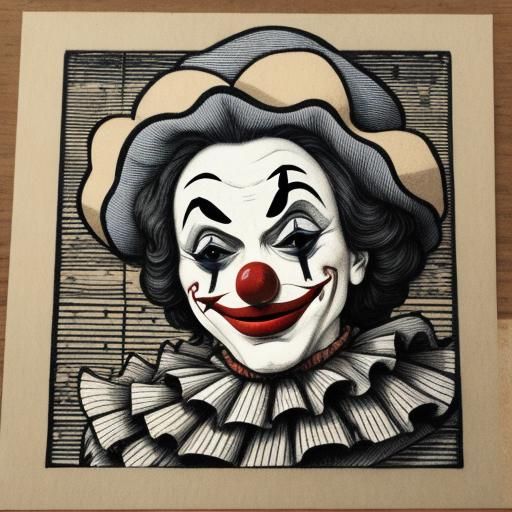 Clown Portrait in Woodblock Print Style