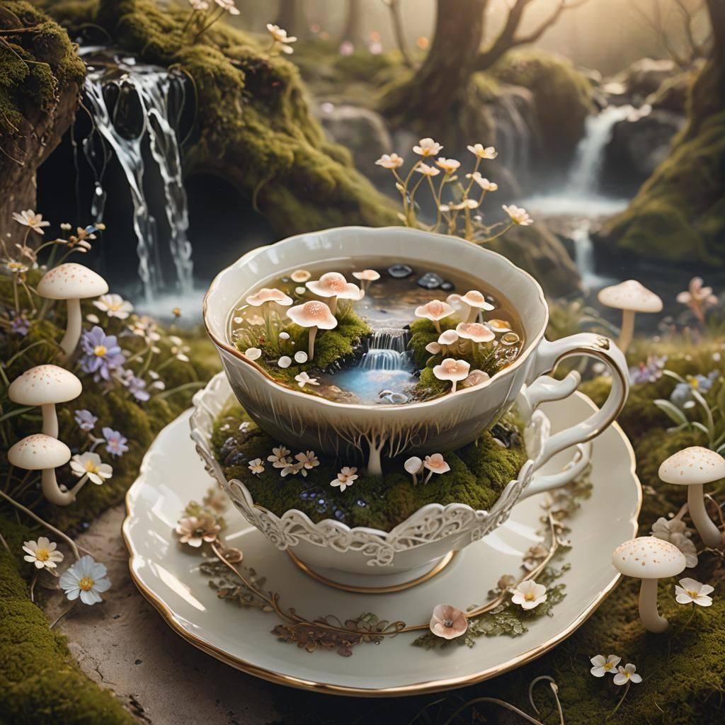 Surreal Miniature Ecosystem Inside a Teacup