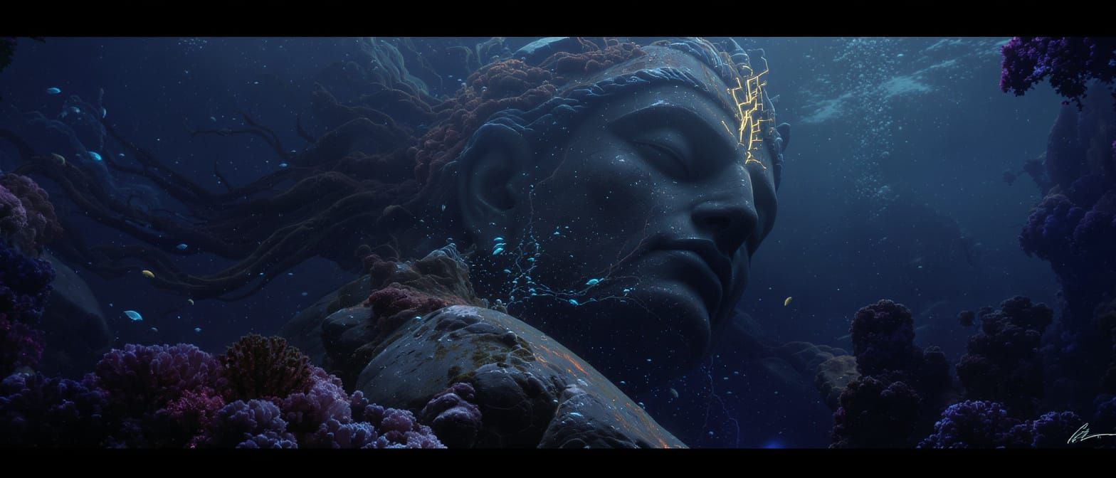 Colossal Ancient Statue in Bioluminescent Alien Ocean