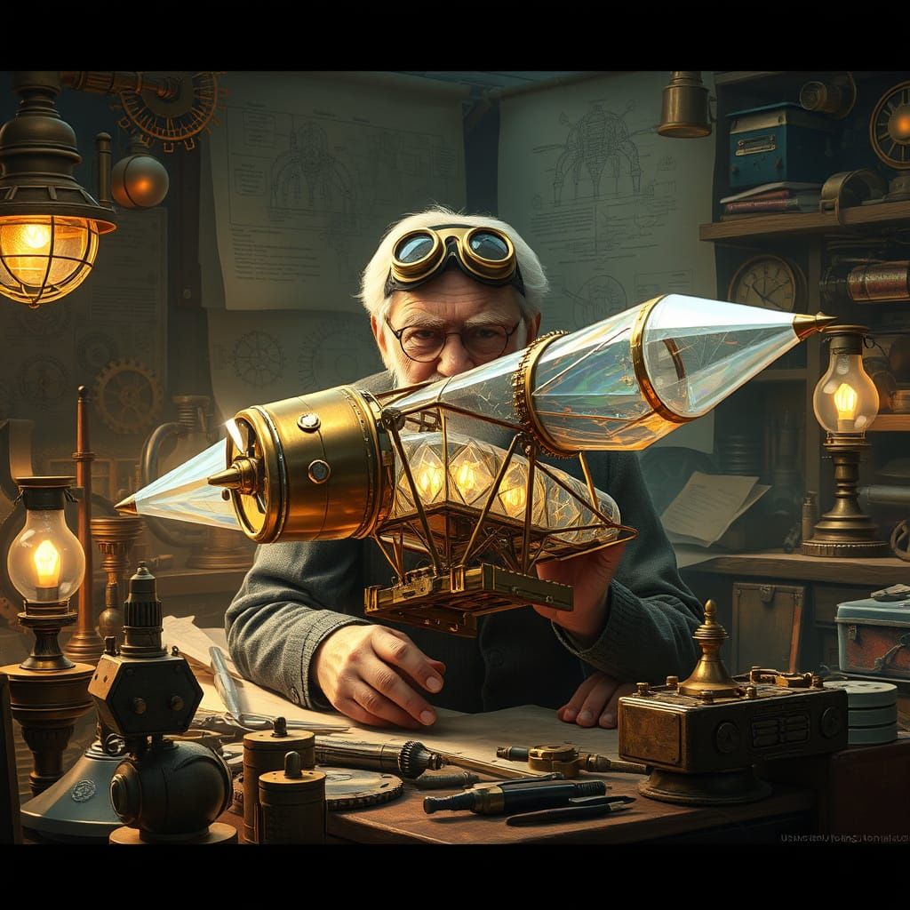 An inventor with his steampunk airship