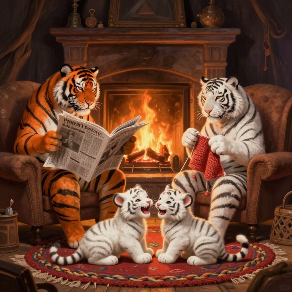 Tigers Relaxing by Fireplace in Cozy Lair Digital Painting
