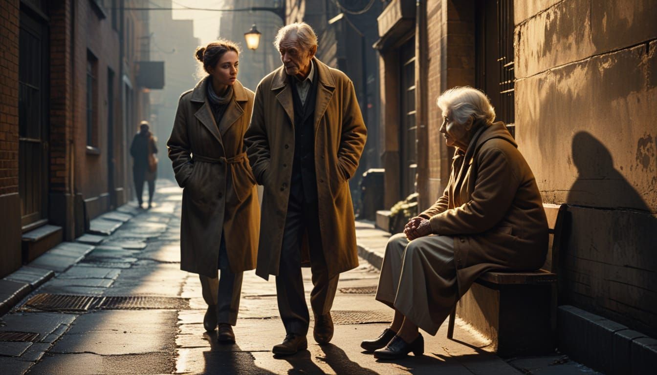 Poignant Oil Painting: Couple and Homeless Woman