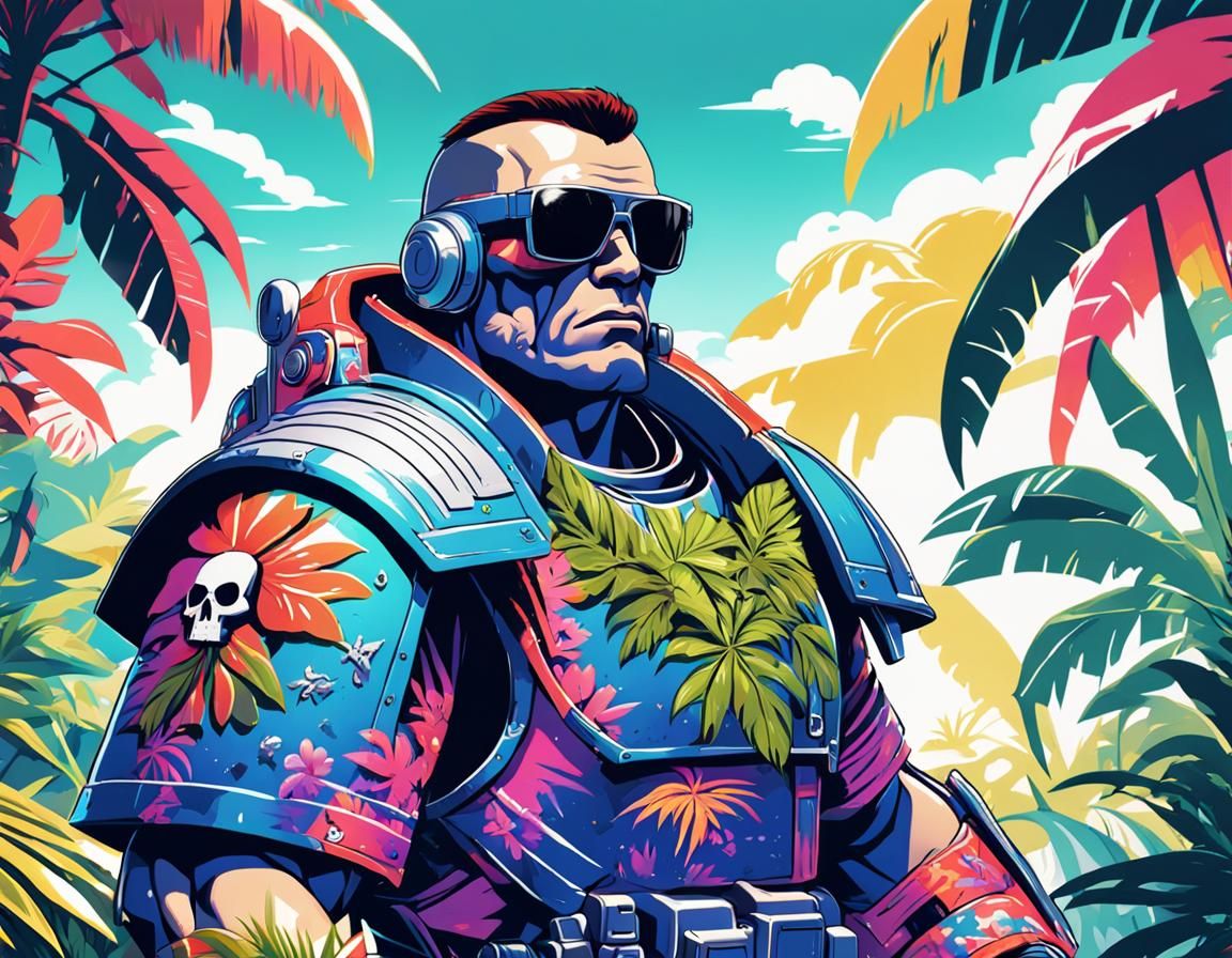Warhammer Space Marine in Hawaiian Shirt, Anime Style
