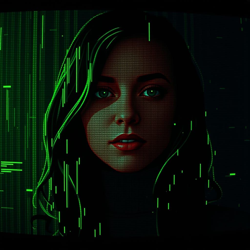 Electronic ASCII Woman Portrait on Retro Screen