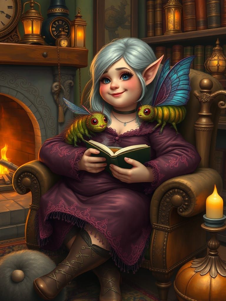Pixie Woman Reading by Firelight