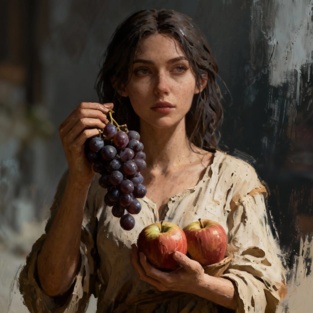 Moody Portrait of Woman with Grapes and Apples