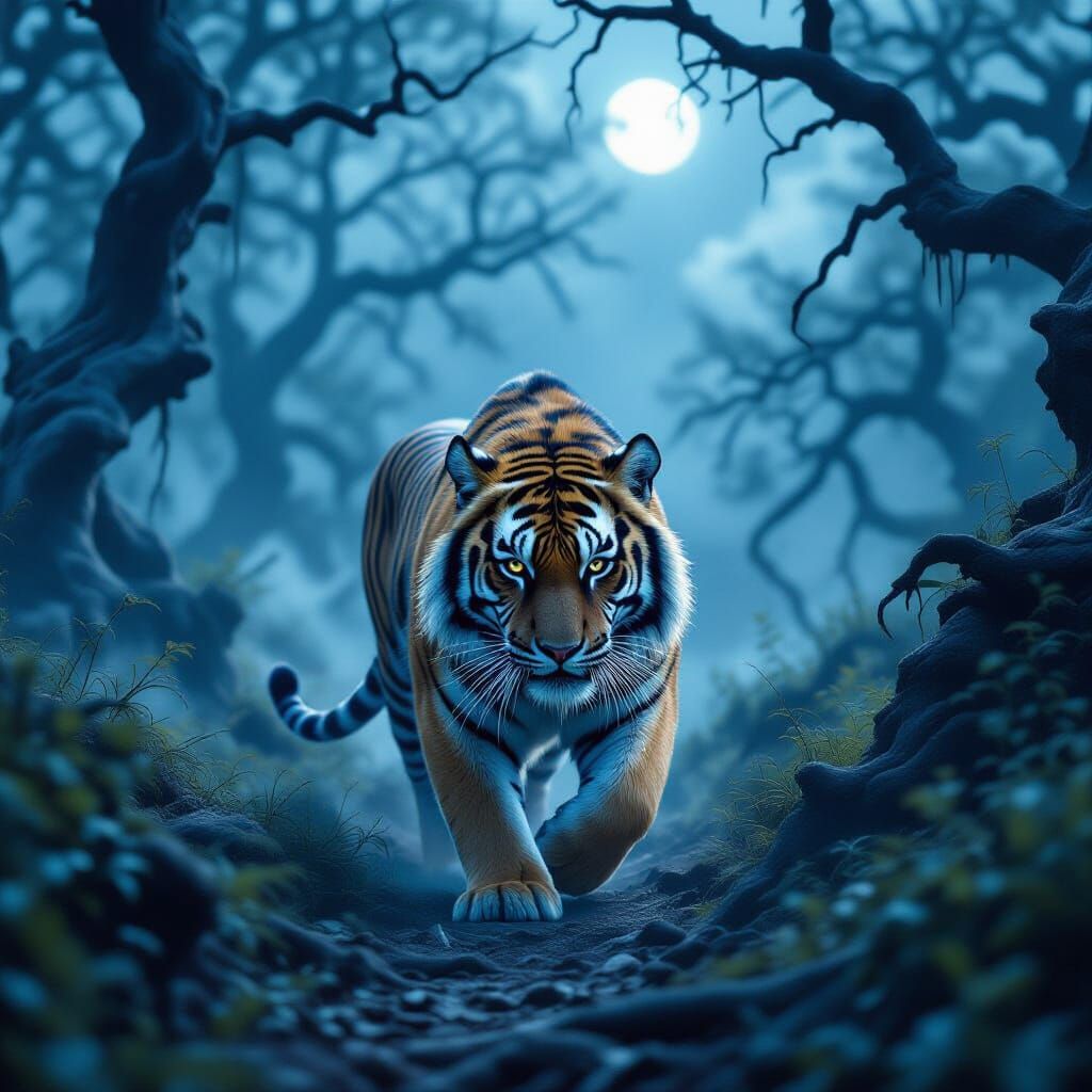 Majestic Tiger in Ethereal Moonlit Forest