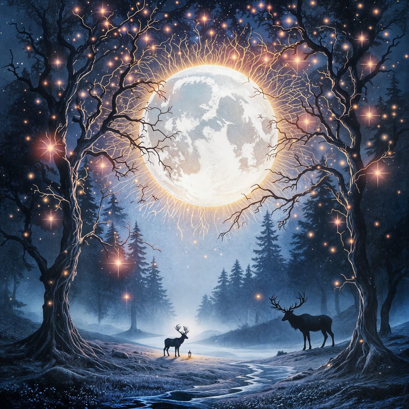 Lunar Vines of Dreamy Moonglow in Vibrant Mixed Media