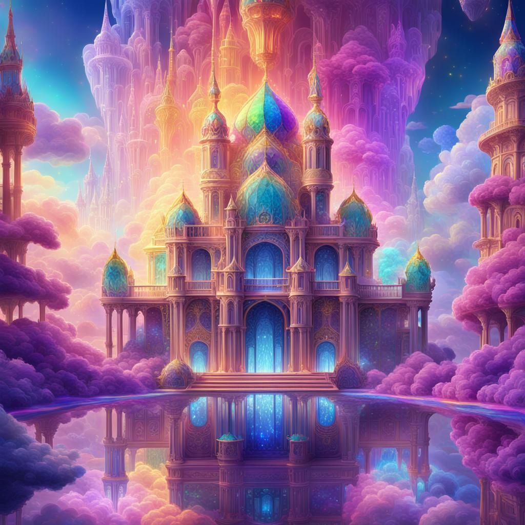 Rainbow Crystal City Floating in Clouds: Fantasy Art