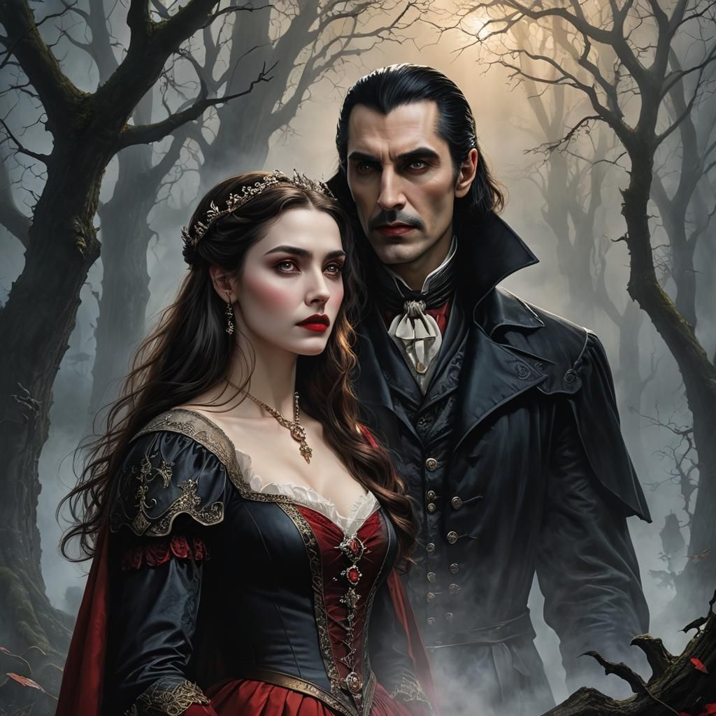 Dracula and Lucy in Epic Fantasy Mist