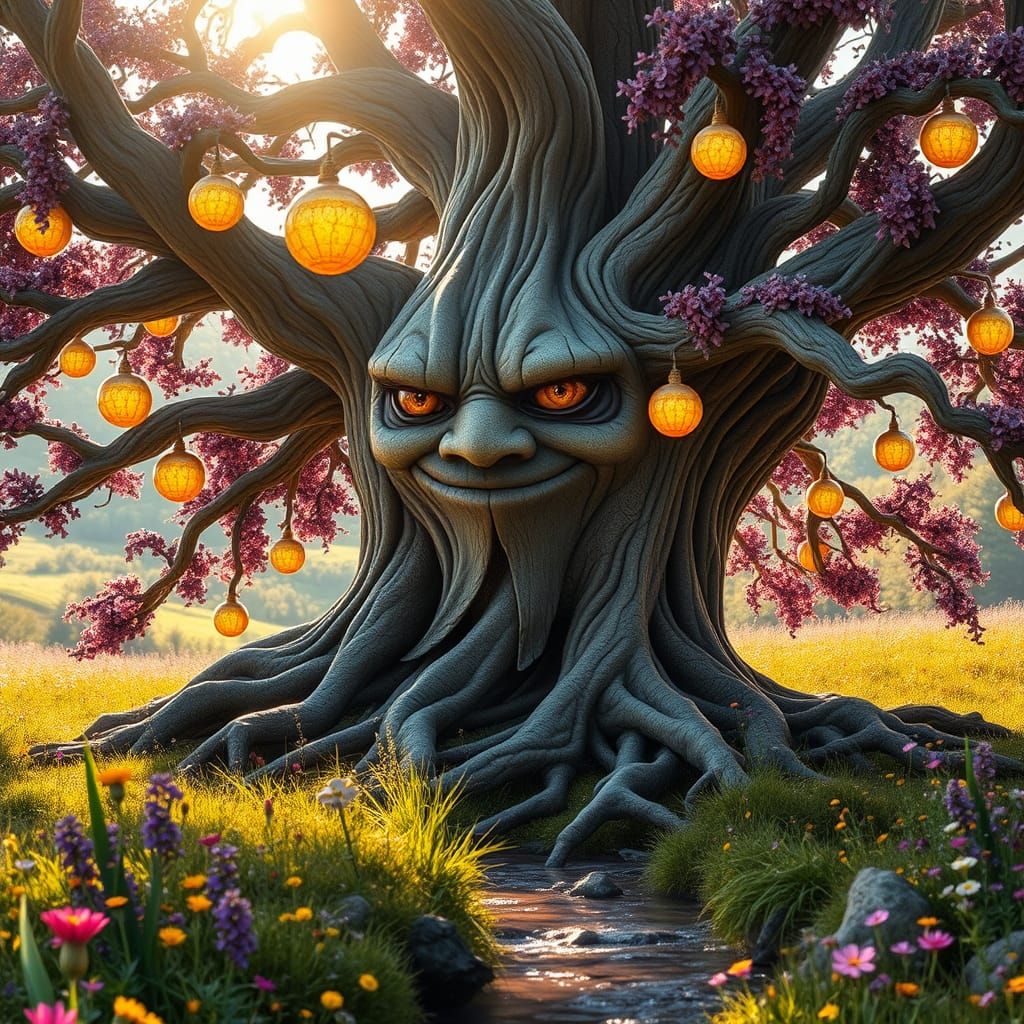 Glowing Tree in Vibrant Meadow with Golden Fruit and Wildflo...