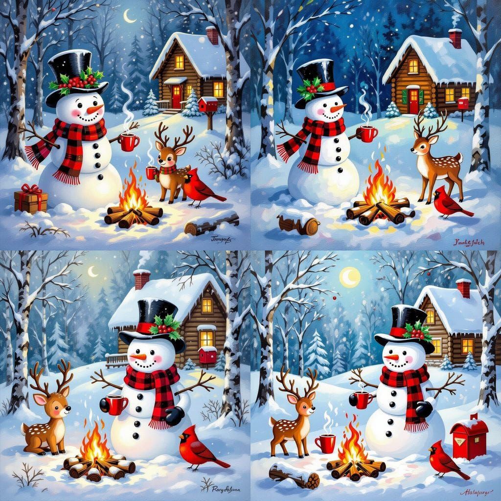 Whimsical Snowman and Friends Enjoy Hot Chocolate