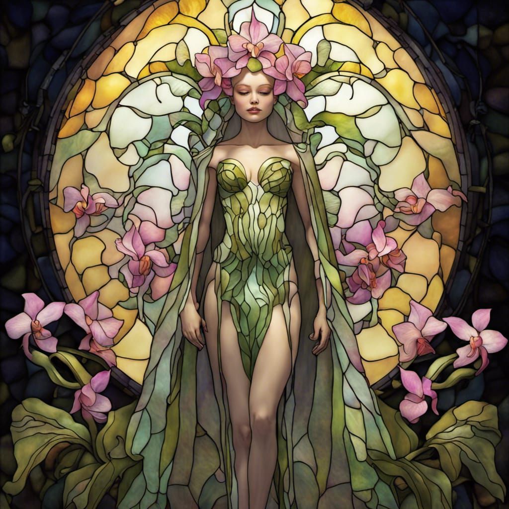 stained glass full body Queen of the orchid dryads opalescen...