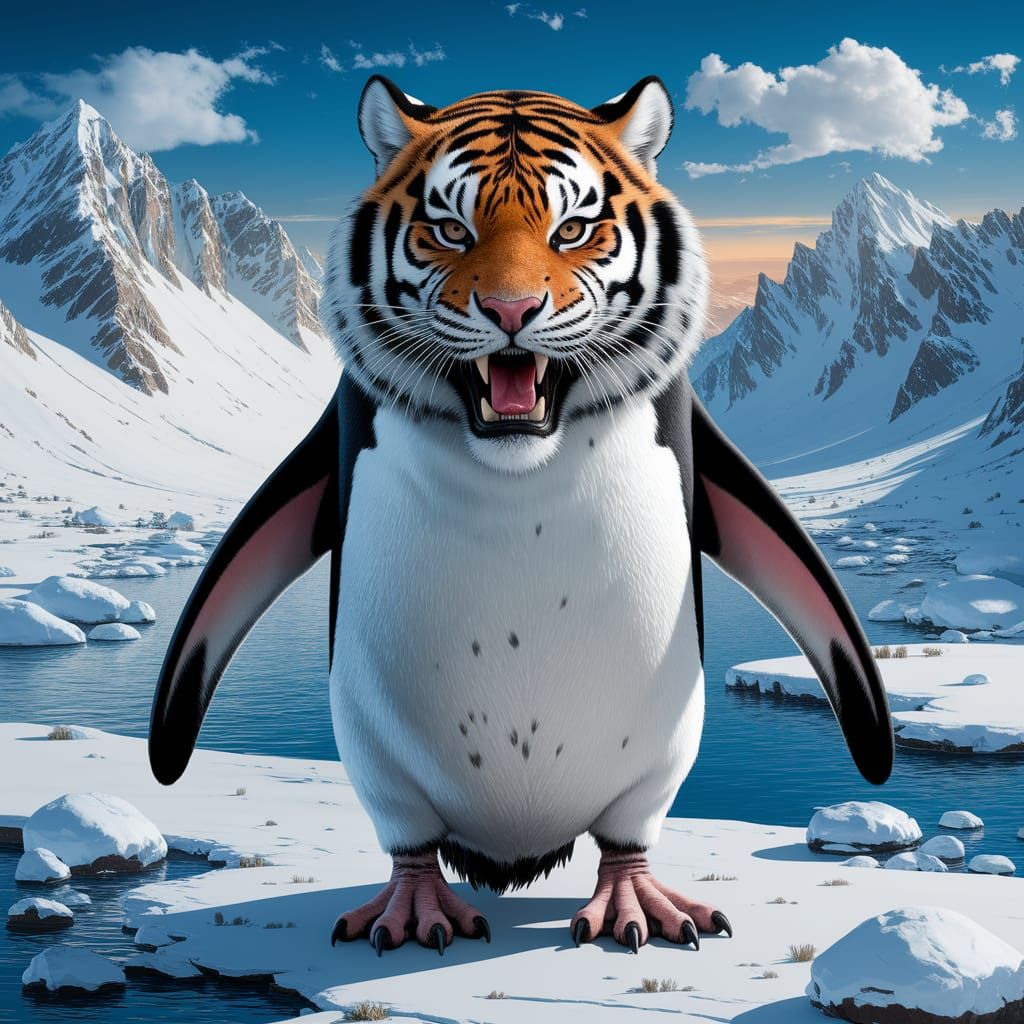 Fierce Penguin-Tiger Hybrid in Realistic Illustration