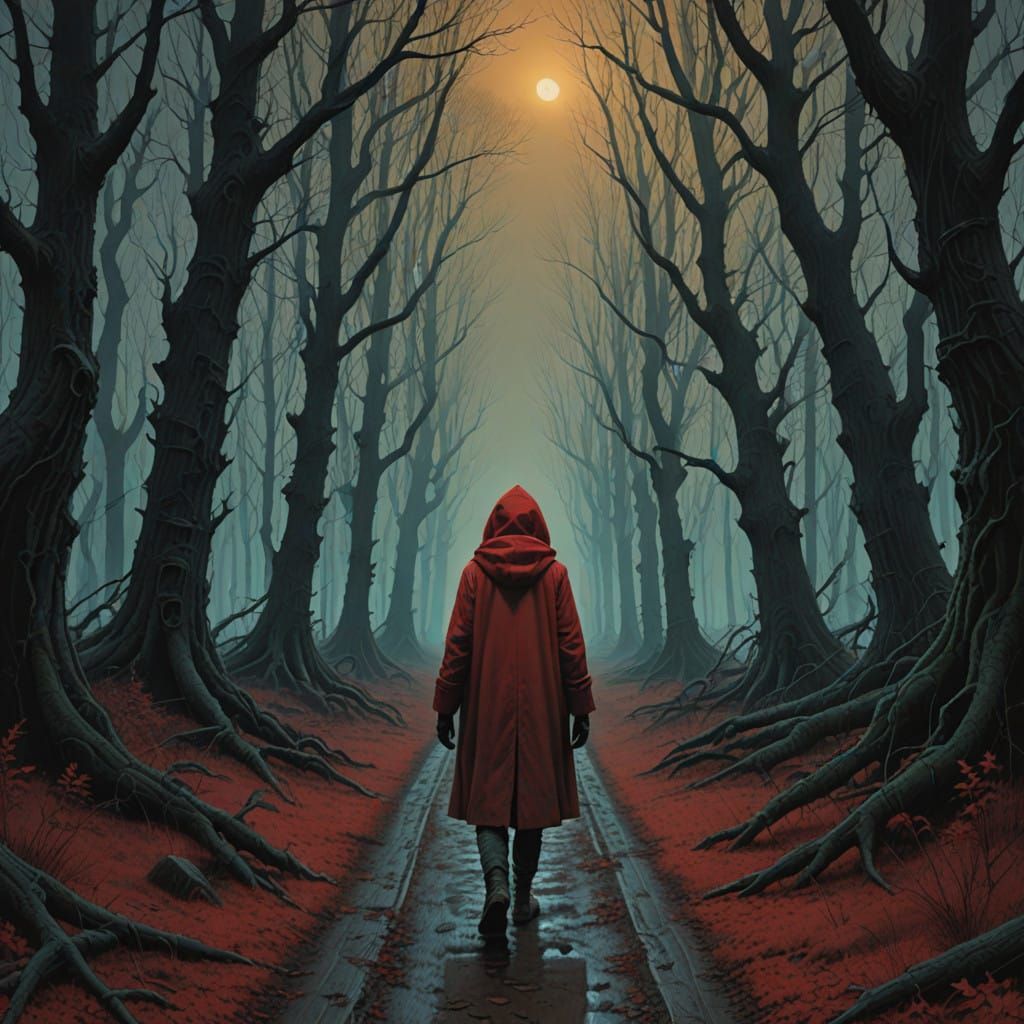 Ethereal Red Riding Hood in a Haunting Biomechanical Forest