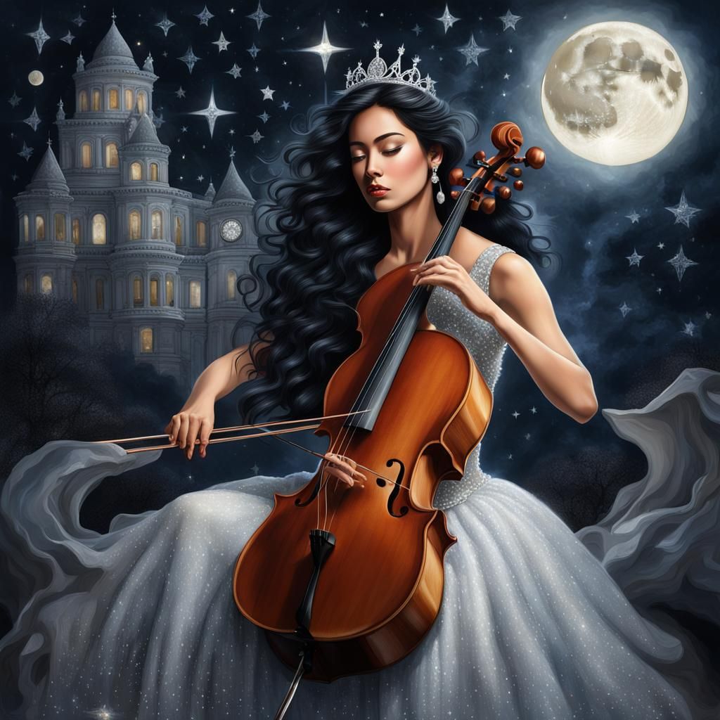Hyperrealistic Woman Playing Cello Under the Stars