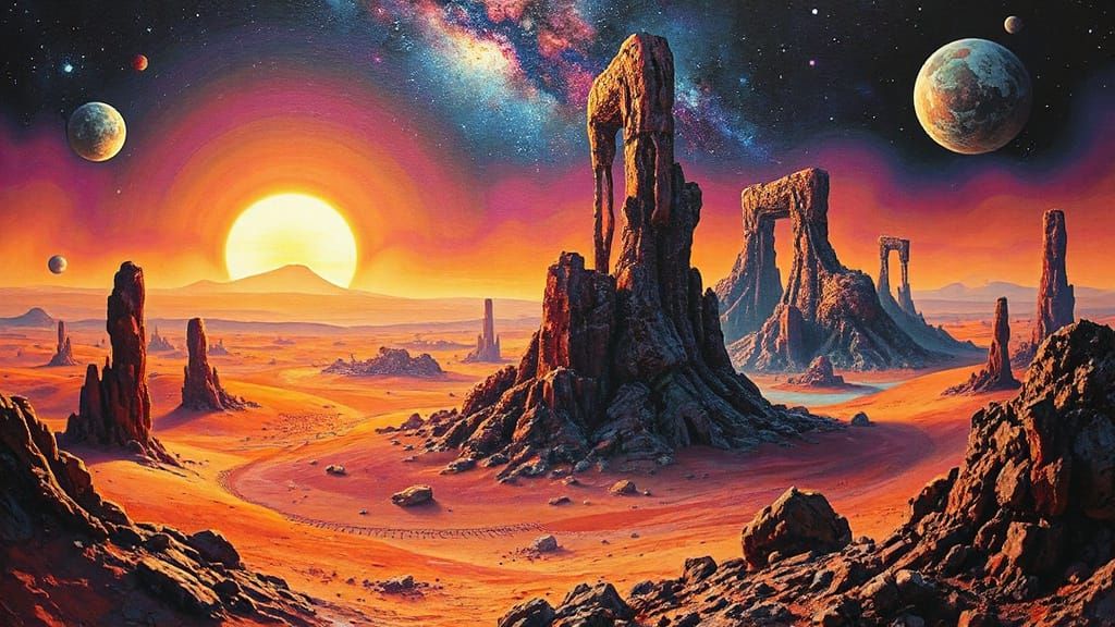 Surreal Mars Landscape with Pulsating Paint Structures