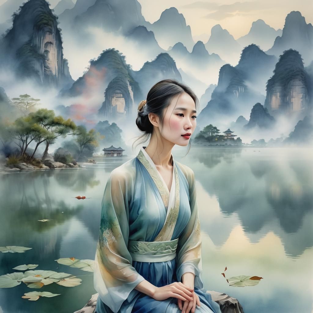 Serene Woman in Guilin Landscape, Watercolor Portrait