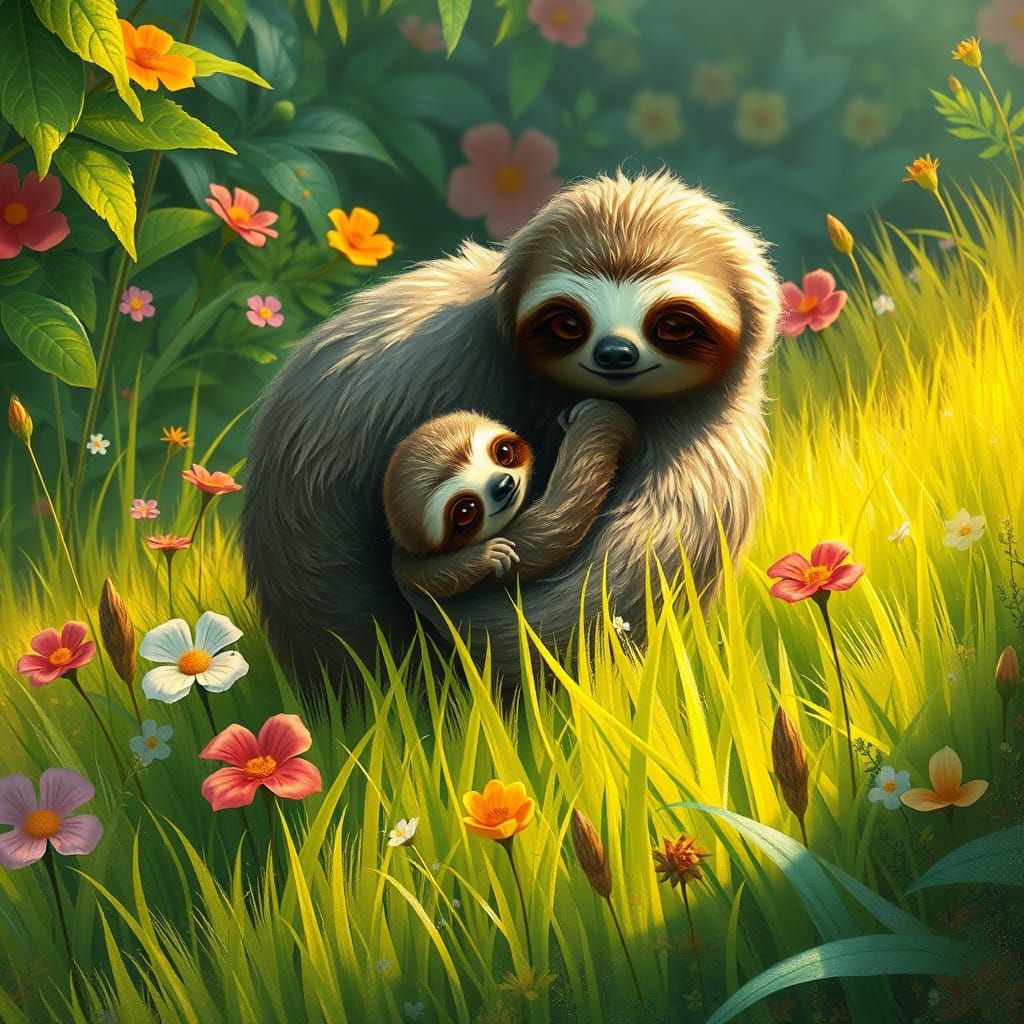 Mother Sloth and Baby in Whimsical Grassland Scene