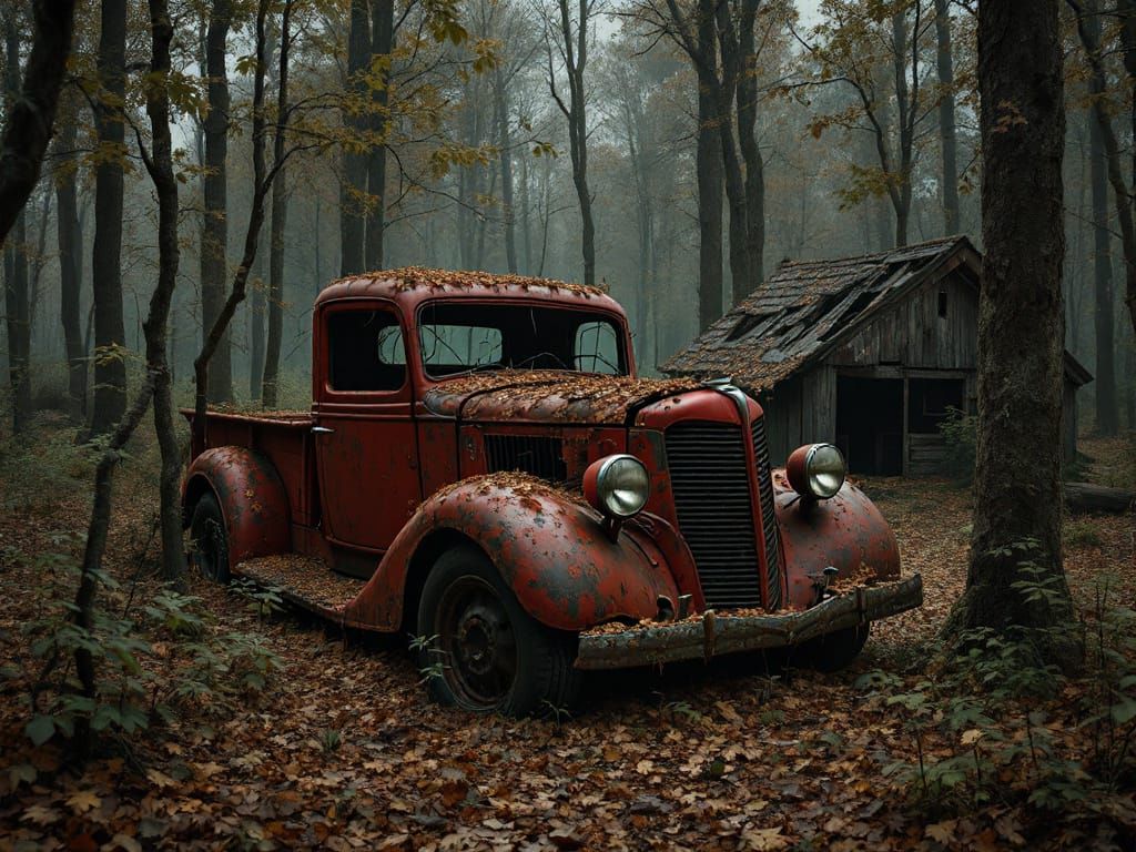 Rusted 1930s Truck in Autumn Forest